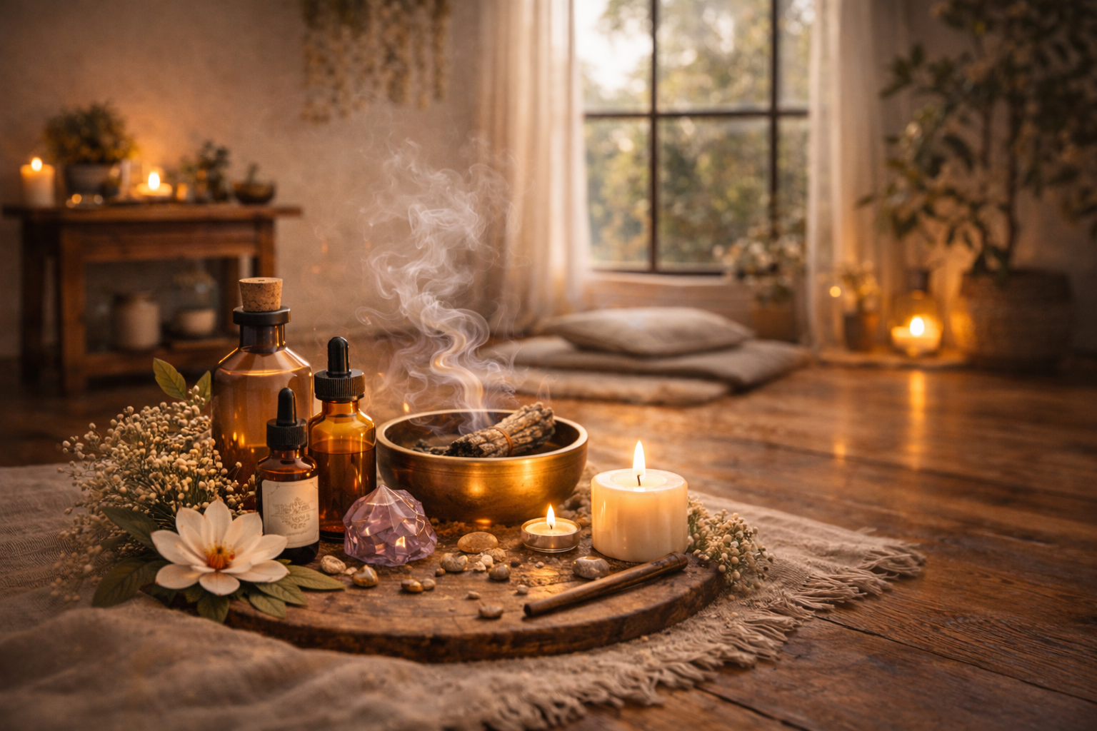 Illustration mit ätherischen Ölen, Duftkerzen, Räucherstäbchen und Kristallen in ruhiger, natürlicher Atmosphäre