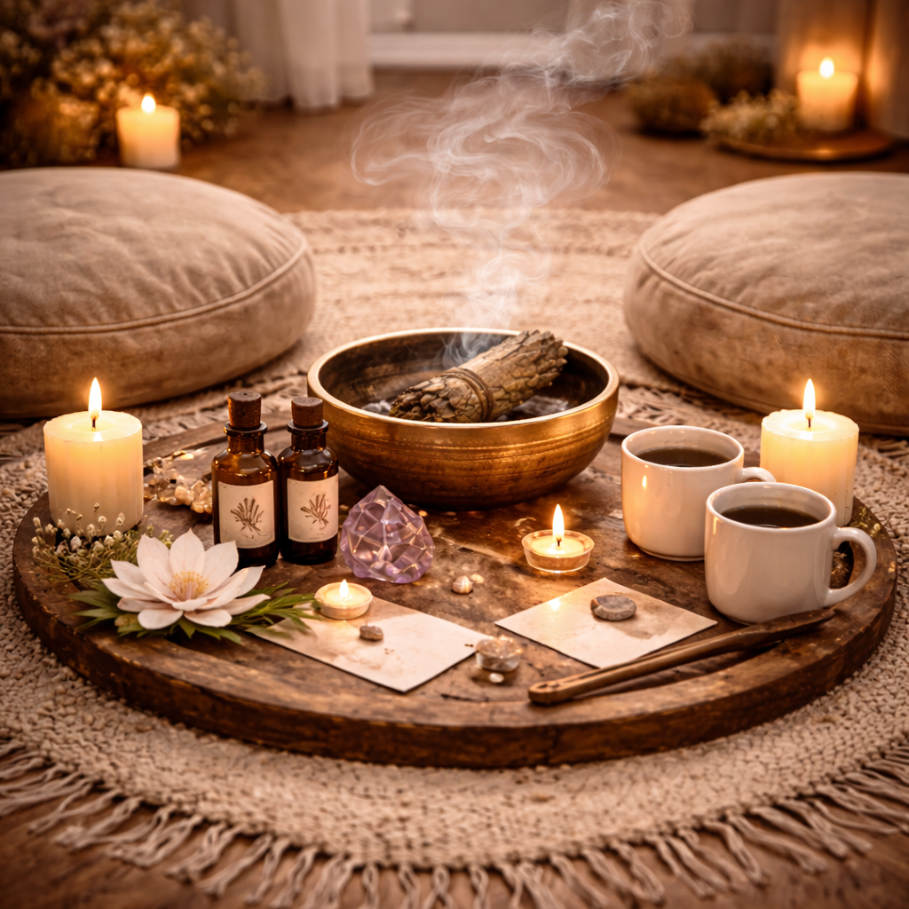 Ritueller Aufbau für eine Duftzeremonie für Paare mit zwei Sitzkissen, ätherischen Ölen, Kerzen und Räucherschale in warmer Atmosphäre