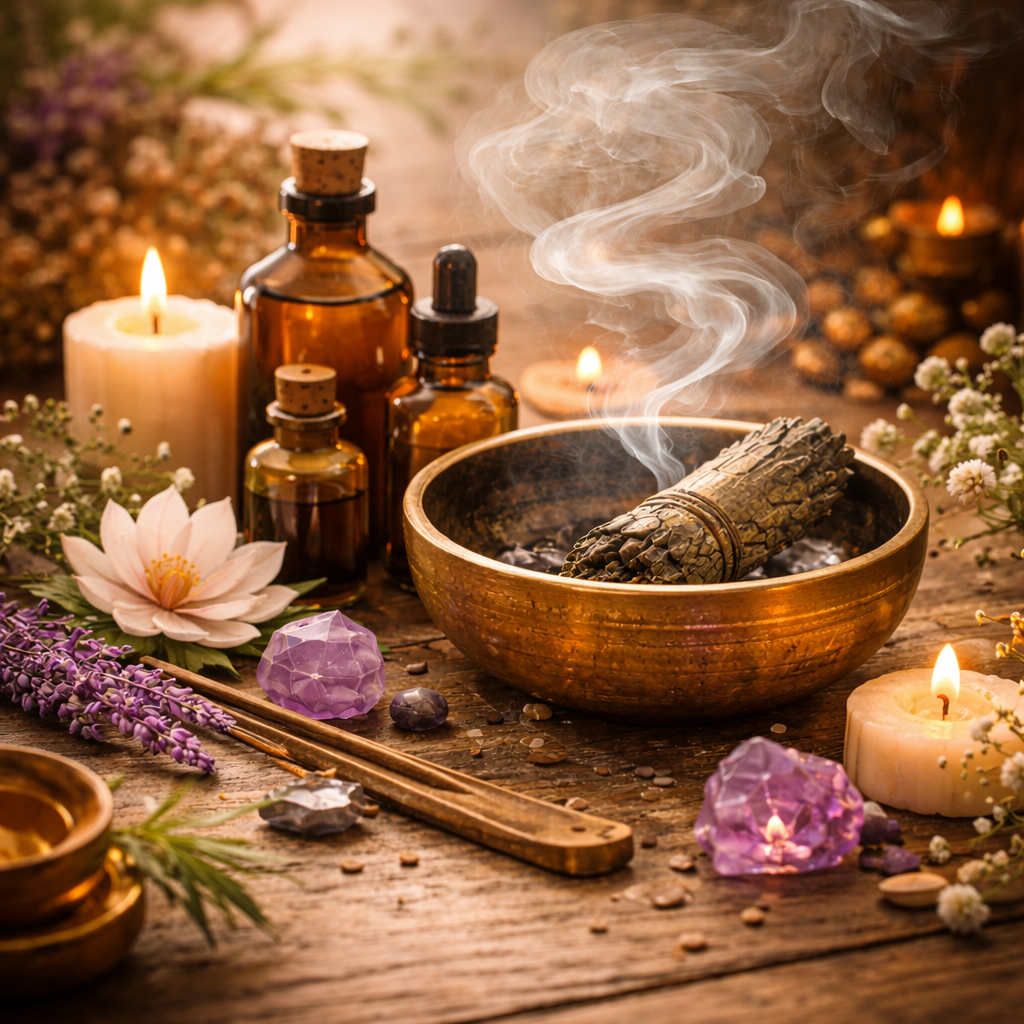 Duftzeremonie mit brennendem Räucherwerk in einer Klangschale, ätherischen Ölen und Kerzenlicht auf Holzuntergrund